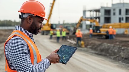 Construction supervisor monitoring site development through tablet with interactive data visualization. - Powered by Adobe