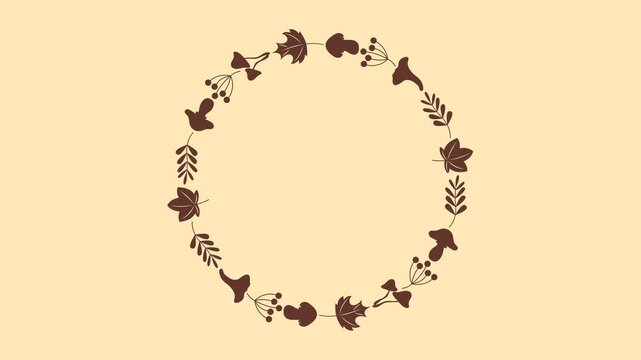 Animated autumn wreath frame with falling leaves, mushrooms, berries and branches. Rotating seasonal botanical circle border for autumn sale, Thanksgiving, nature vlog or harvest promo.