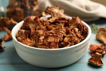 Dried chanterelle mushrooms on blue wooden table, closeup