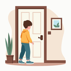 Young boy opening door while standing indoors near potted plant  