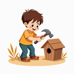 Young boy using hammer to build a wooden birdhouse in garden  