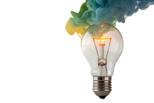 Creative Illumination A Light Bulb Bursting with Ideas and Color, showcasing innovation and inventive thinking with vibrant smoke.