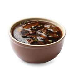 Tasty soup with mushrooms and thyme in bowl isolated on white