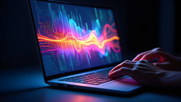 Laptop displaying vibrant digital waves with hands typing on the keyboard suggesting technology and connectivity.