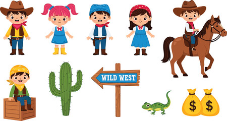 Wild West cartoon kids scene, cowboy and cowgirl children, horse riding, cactus, money bag icons, desert adventure illustration