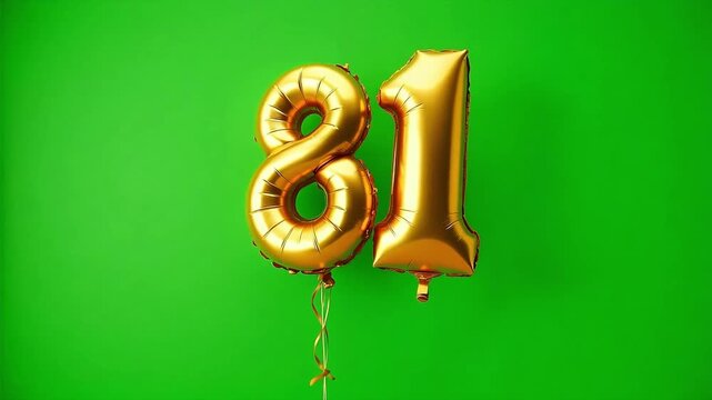 Golden balloons shaped like number eighty one shine against a vibrant green backdrop, perfect for birthdays or special occasions.