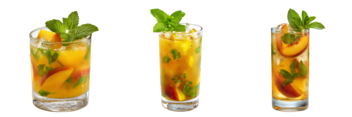 Set of Refreshing peach and mint cocktail isolated on a transparent background