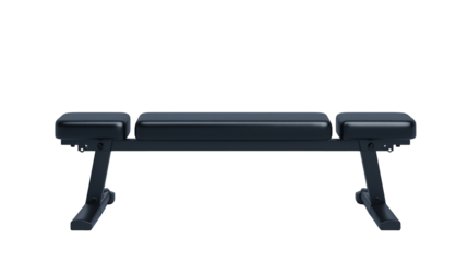 A flat weightlifting bench with padded sections and sturdy metal legs designed for gym workouts and strength training.