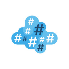 Obraz premium Blue cloud shape filled with hashtag symbols isolated on white background.