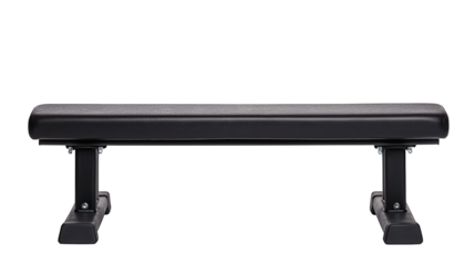 A black flat workout bench designed for weightlifting and strength training exercises.