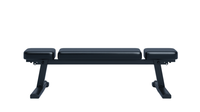 A flat weightlifting bench with padded sections and sturdy metal legs designed for gym workouts and strength training.