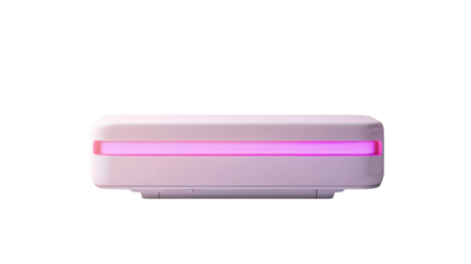 A sleek, modern UV light sanitizer box with a glowing pink strip, designed for disinfecting small personal items.