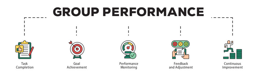 Group Performance infographic icon flow process which consists of Task Completion, Goal Achievement, Performance Monitoring, Feedback and Adjustment, Continuous Improvement.