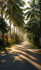 A scenic village road framed by green trees and blue sky