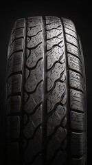 Dark close-up view of a car tire with textured tread pattern. Wet surface shows small water droplets, highlighting grip and safety.