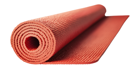 A rolled-up orange yoga mat with a textured surface designed for grip and comfort during exercise.