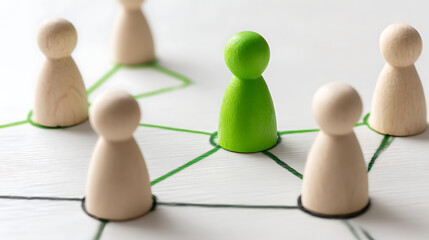 Obraz premium Wooden figures connected by green lines connection network