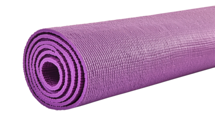 A tightly rolled purple yoga mat with textured surface and firm edges designed for exercise and stretching.
