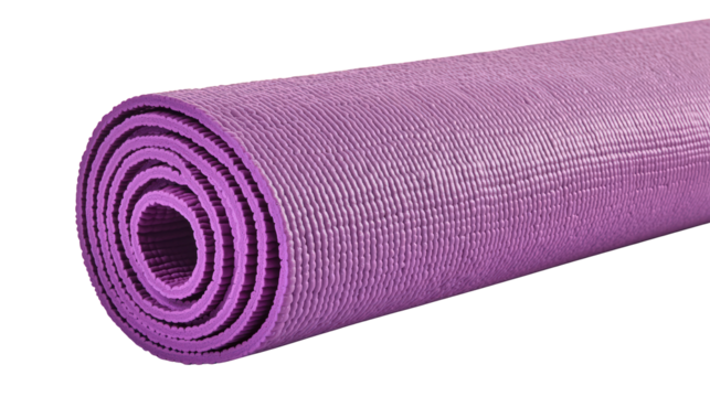 A tightly rolled purple yoga mat with textured surface and firm edges designed for exercise and stretching.
