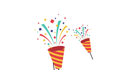 Vibrant Party Poppers Bursting with Colorful Confetti Against a Clean White Background, Ideal for Celebrations, Invitations, and Festive Graphic Designs