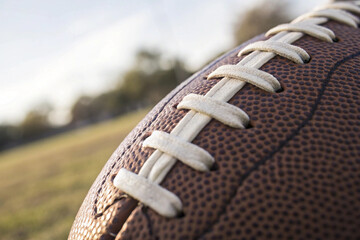 closeup of football ball lace up in crisp focus