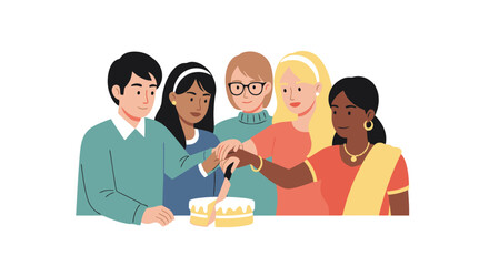 Joyful Diverse Group Cutting Celebration Cake Together