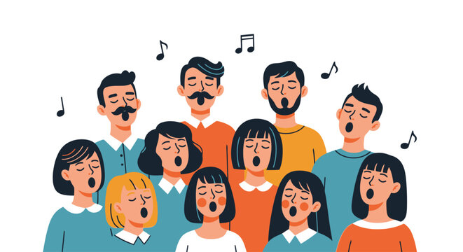 Diverse Choir Singing in Harmony with Musical Notes Illustration for Community Events and Vocal Performance Arts Promotion, suitable for music education materials.