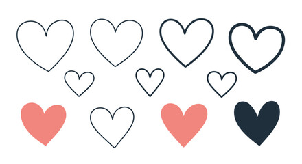 Minimalist Heart Icon Set: Vector collection of outline and solid hearts in various sizes, perfect for love, romance, and design projects.
