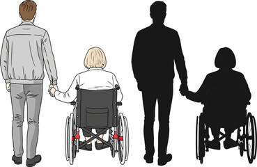 Two couples holding hands with one person in a wheelchair in each pairing