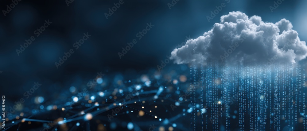 Poster a cloud technology background with a blue color and glowing elements on the right side, cloud icons 