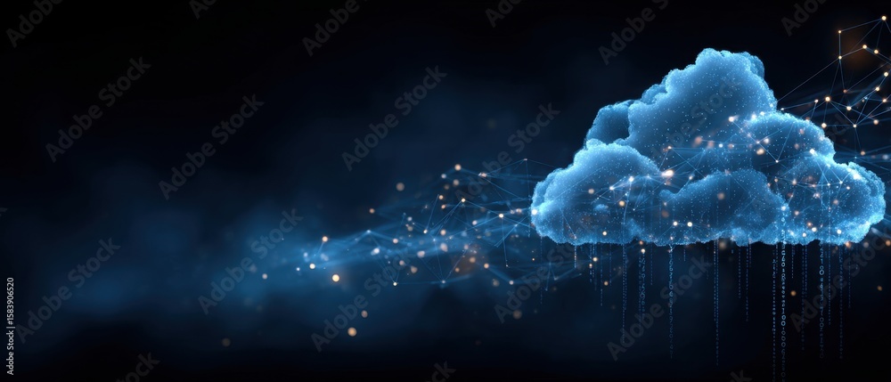 Poster a cloud technology background with a blue color and glowing elements on the right side, cloud icons 
