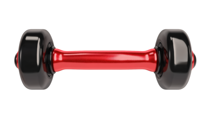 A sleek red and black dumbbell with a glossy finish designed for weight training and fitness exercises.