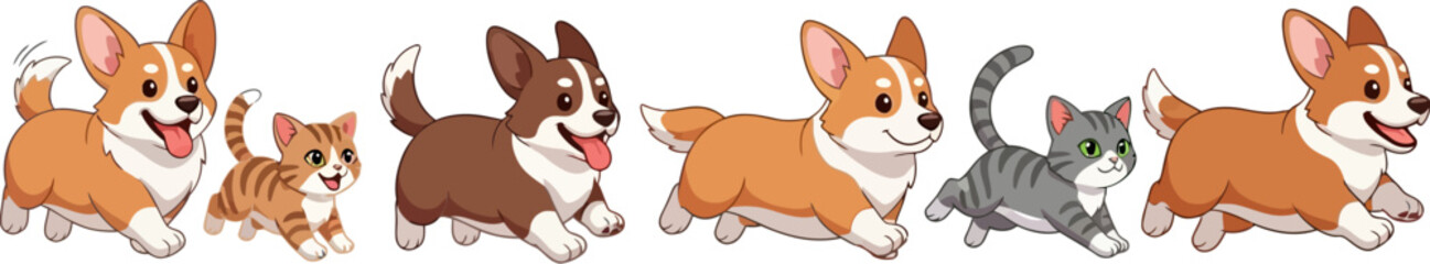 Cute cartoon corgi dogs and tabby cats running together in a line
