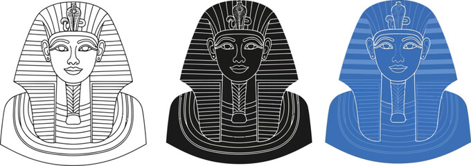 Three stylized egyptian pharaoh head profiles in black and white and blue