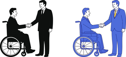 Diverse business professionals in wheelchairs shaking hands in a vector set