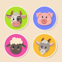 Round stickers with animals vector illustration. Cow, pig, goat, sheep.
