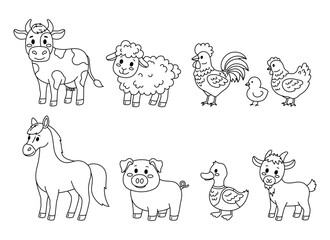 Obraz premium Cartoon animals on the farm. Cow, pig, sheep, horse, duck, chicken, rooster, goat, chick.