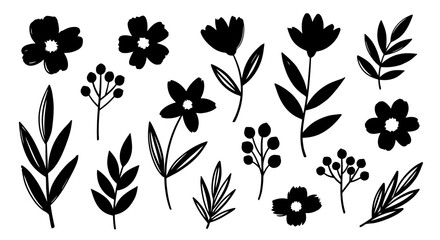 Hand-drawn Black Botanical Silhouettes Set. Simple Flower, Leaf, and Berry Doodle Vector Illustrations for Design Elements and Decor.