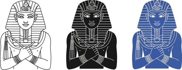 Stylized egyptian pharaoh king portrait with scepter and crook symbols