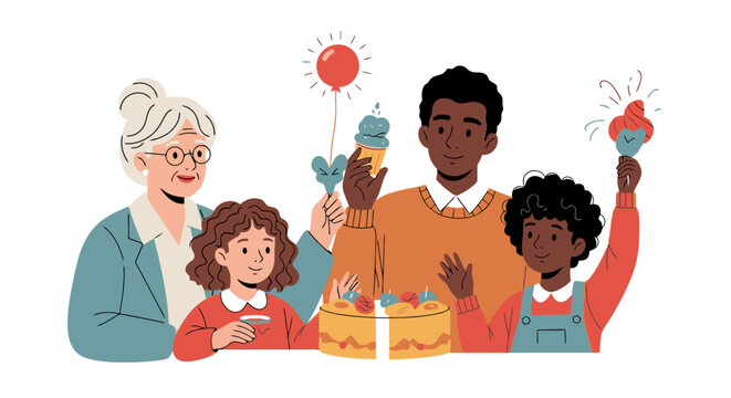 Diverse family celebrating birthday with cake, ice cream, and party items. Happy multi-generational group. - Powered by Adobe