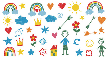 Whimsical Hand-Drawn Doodle Set: Rainbows, Suns, Hearts, Stars, Children, and Playful Elements for Kids' Design