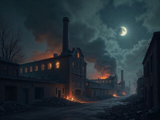 Buildings and industries on fire destroyed by war attack