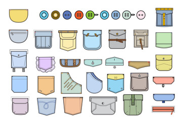 Vector set of pockets and buttons for clothes.