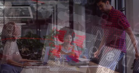 Team gathering around table starting review showing world map rotating charts for business insights - Powered by Adobe