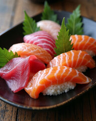 Typical japanese sushis and sashimis on a plate
