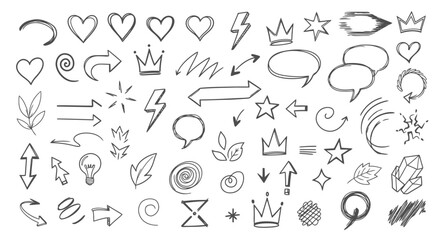 Hand-drawn Doodle Elements Collection. Sketchy Icons, Arrows, Hearts, Crowns, Speech Bubbles, and Shapes for Creative Design.