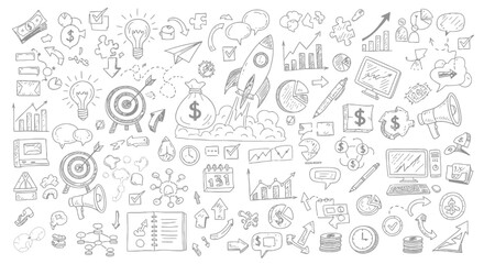 Business Strategy & Growth Doodle Icons: Hand-drawn Finance, Technology & Innovation Concept Set
