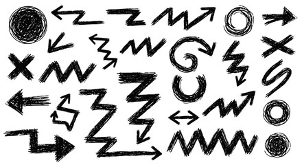 Hand-Drawn Scribble Arrows & Shapes Set. Doodle Black Pointers, Circles & Zigzags on White Background