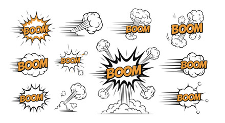 Comic Book Style Boom Sound Effects Collection. Vector Explosions, Speed Lines, and Smoke for Action and Impact.