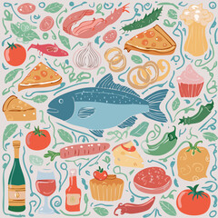 Detailed illustration of Italian cuisine with fish, cheese, pasta, pizza, wine, and delicacies. Ideal for menus, packaging, or culinary advertising